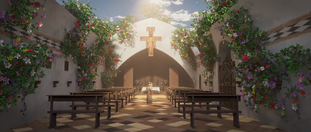 St. Frans beder foran San Damiano crucifix i en 3D-scene fra The Francis Chronicles.