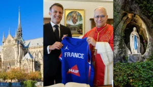 Notre-Dame-katedralen, præsident Emmanuel Macron med pave Leo XIV og Mariastatuen i Lourdes.
