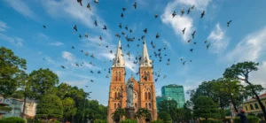Flock av fugler som flyr over Notre-Dame-katedralen i Saigon i livlig dagslys.