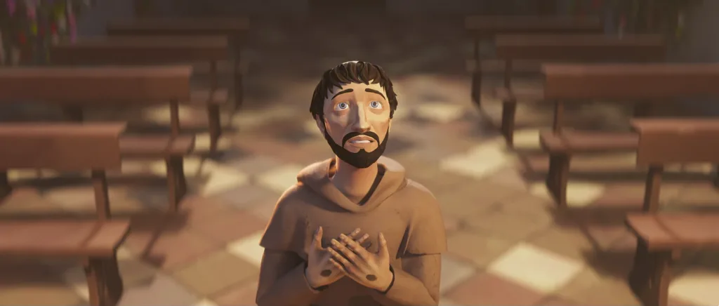 St. Frans af Assisi beder i San Damiano-kirken i en 3D-animeret scene.