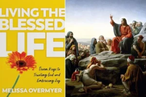 Forsiden af Melissa Overmyers bog Living the Blessed Life og Carl Blochs maleri The Sermon on the Mount.