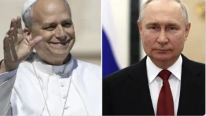 Pave Leo XIV og Ruslands præsident Vladimir Putin.